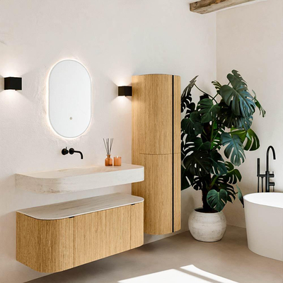 MONDIAZ THOR-DLUX 110cm badmeubel ronding links + rechts kleur Oak met 1 lade en 2 deuren. Vrijhangende wastafel CLOUD Midden zonder kraangat kleur Meli.
