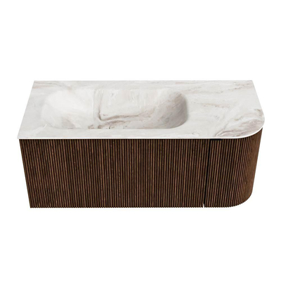 MONDIAZ KURVE-DLUX 105cm badmeubel met module 25 R kleur Walnut met 1 lade en 1 deur. Wastafel BIG SMALL links zonder kraangat kleur Frappe.