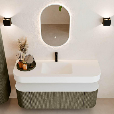 MONDIAZ THOR 140cm meuble de salle de bains arrondi gauche + droite couleur Shadow avec 1 tiroir et 2 portes. Vasque suspendue CLOUD Milieu 1 trou de robinet couleur Talc.