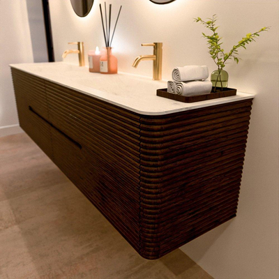 Mondiaz CIRO-DLUX Badkamermeubelset - 190x45x50cm - Solid surface wastafel Opalo - 2 wasbak Dubbel - 2 kraangaten - 4 lades - Walnut