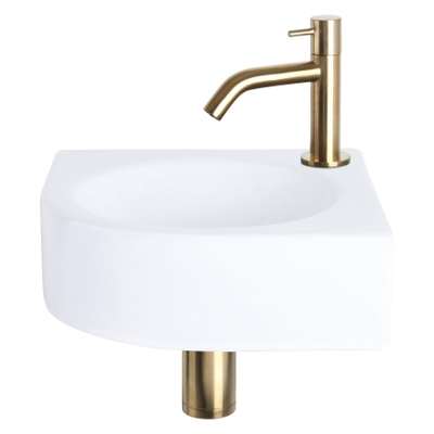 Differnz Cleo Ensemble lave-mains quart de rond 30x30x10cm 1 trou de robinet avec robinet courbé, siphon et bonde en or Céramique blanc SECOND CHOIX
