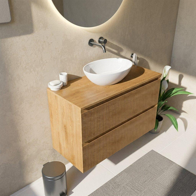 Saniclass Holz Atelier Ensemble de meubles de salle de bains - 100x45x62cm - plan de travail en bois - sans trou de robinetterie - 2 tiroirs - chêne naturel mat (bois)