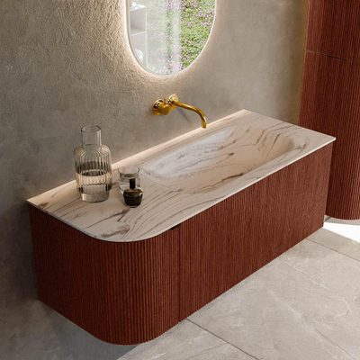 MONDIAZ KURVE-DLUX 115cm badmeubel ronding Links kleur Ruby met 1 lade en 1 deur. Wastafel BIG SMALL Rechts zonder kraangat Nata.