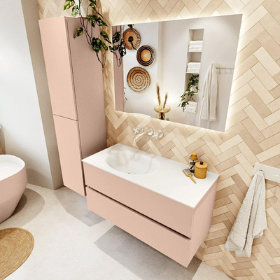 Mondiaz VICA ensemble de meuble de salle de bain - 100cm - meuble sous-vasque rosee - 2 tiroirs - lavabo moon gauche - sans trous de robinet - version haute de 60cm - talc