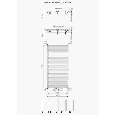 Plieger Florian Nxt Radiateur design simple horizontal 121.6x60cm 781W connexion au centre blanc
