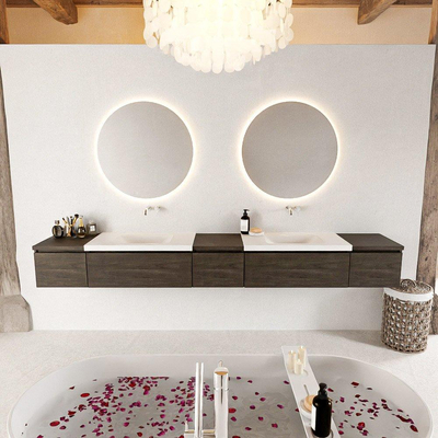 MONDIAZ BUKLA 280cm ensemble de meuble avec module 40 couleur Marron Foncé avec 5 tiroirs. Lavabo CLOUD double 0 trou de robinet couleur Talc.