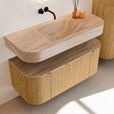 MONDIAZ THOR-DLUX 110cm badmeubel ronding links + rechts kleur Oak met 1 lade en 2 deuren. Vrijhangende wastafel CLOUD Midden zonder kraangat kleur Saba.