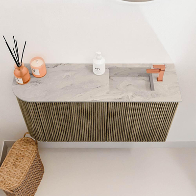 Mondiaz JOYA-DLUX Meuble de toilette 81,6cm - arrondi gauche couleur Dusk - Lavabo FAYE position Droite 1 trou de robinet couleur Glace
