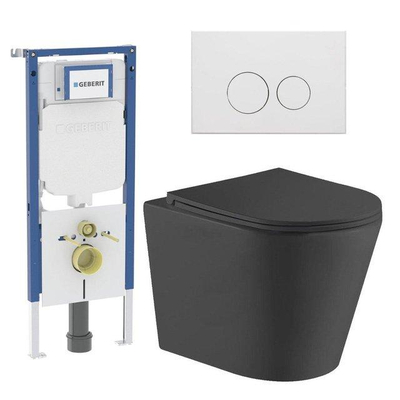 QeramiQ Dely Toiletset - 36.3x51.7cm - diepspoel - rimless - Geberit UP720 inbouwreservoir - softclose toiletzitting - mat witte bedieningsplaat - ronde knoppen - met Burda frame - mat zwart