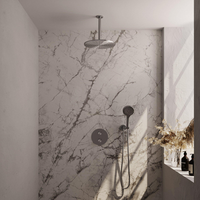 BRAUER Brushed Carving douche de pluie encastrée thermostatique - 3 voies - rond - ensemble 84 - douche de tête 30cm - bras de plafond - douchette 3 jets - flexible de douche - coude de raccordement mural - inox brossé PVD