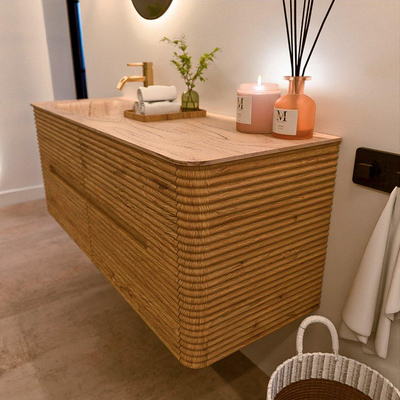 Mondiaz CIRO-DLUX Badkamermeubelset - 130x45x50cm - Solid surface wastafel Arena - 1 wasbak Links - 1 kraangat - 4 lades - Oak