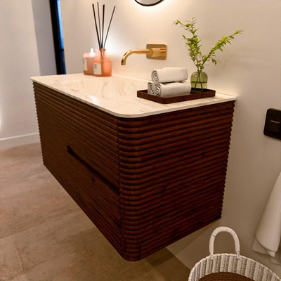 Mondiaz CIRO-DLUX Badkamermeubelset - 100x45x50cm - Solid surface wastafel Ostra - 1 wasbak Midden - zonder kraangaten - 2 lades - Ruby