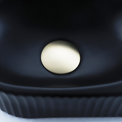 QeramiQ Fuente Ensemble de lavabo - 40x21.5x12cm - droit - strié - demi-rond - 1 trou de robinet - céramique - robinet de lavabo laiton brossé - bonde de vidage - siphon abaissé - noir mat