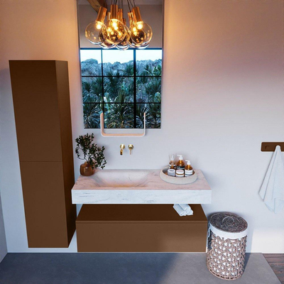 Mondiaz ALAN-DLUX Ensemble de meuble - 110cm - meuble Rust mat - 1 tiroir - Lavabo Cloud Opalo suspendu - vasque Gauche - 0 trous de robinet