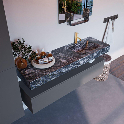 Mondiaz ALAN-DLUX Ensemble de meuble - 150cm - meuble Plata mat - 1 tiroir - Lavabo Cloud Lava suspendu - vasque Droite - 1 trou de robinet