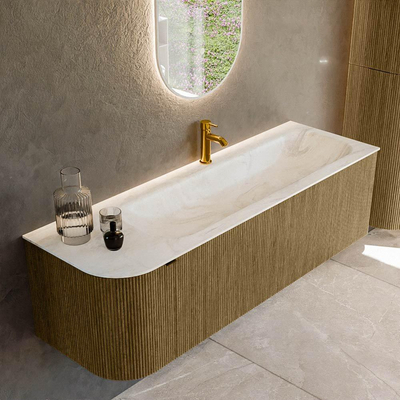 Mondiaz KURVE-DLUX Badkamermeubelset - 145x46x40cm - 1 lade - 1 deur - wastafel solid surface - rechts - 1 kraangat - Dusk
