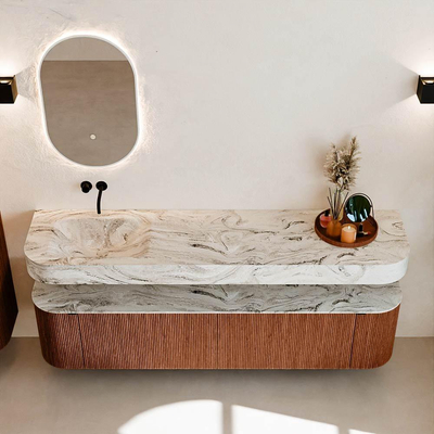 MONDIAZ THOR-DLUX Meuble de salle de bains 190cm arrondi gauche + droite couleur Ruby avec 2 tiroirs et 2 portes. Vasque suspendue CLOUD Gauche sans trou de robinet couleur Glace.