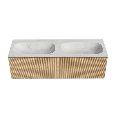 MONDIAZ KURVE-DLUX Meuble de salle de bains 140 cm couleur Oak avec 2 tiroirs. Lavabo STOR SMALL double 2 trous de robinet couleur Opalo.