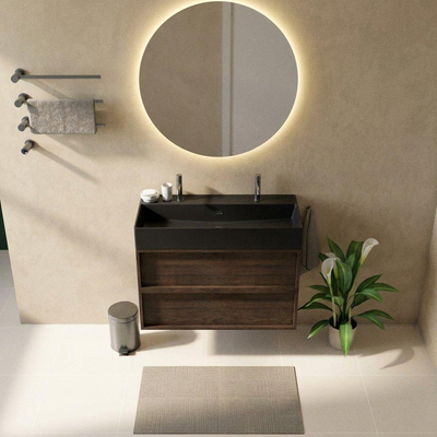 Saniclass Holz Frame Ensemble de meuble de salle de bains - 100x45x72cm - Legend lavabo en céramique noir mat - 1 vasque - 2 trous de robinetterie - 2 tiroirs - chêne charcoal mat (bois)