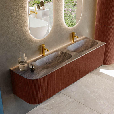 MONDIAZ KURVE-DLUX Meuble de salle de bains 165cm arrondi à gauche couleur Ruby avec 2 tiroirs et 1 porte. Lavabo STOR SMALL Double / Droite 2 trous de robinet Oza.