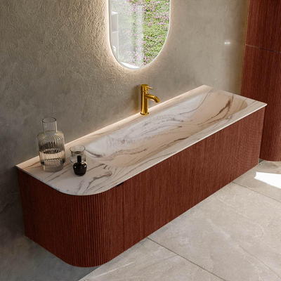 MONDIAZ KURVE-DLUX 145cm badmeubel ronding Links kleur Ruby met 1 lade en 1 deur. Wastafel BIG LARGE Rechts 1 kraangat Nata.