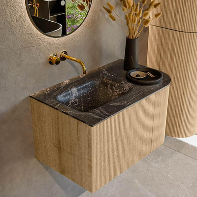 MONDIAZ KURVE-DLUX 75cm Meuble salle de bain avec module 25 D - couleur Oak - 1 tiroir - 1 porte - vasque GRUNNE gauche - sans trou de robinet - couleur Lava