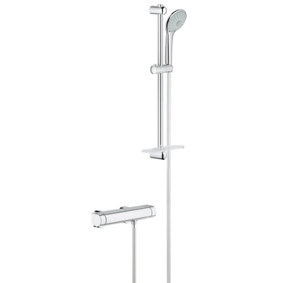 GROHE Grohtherm 2000 Ensemble de douche - robinet de douche thermostatique - avec ensemble de douche à glissière - 60cm - douchette ronde - 3 types de jets - flexible de douche lisse - avec porte-savon - chrome