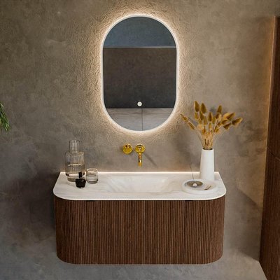 MONDIAZ KURVE-DLUX 100cm badmeubel met module 25 Len R kleur Walnut met 1 lade en 2 deuren. Wastafel GRUNNE midden zonder kraangat kleur Ostra.
