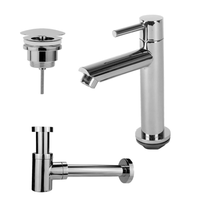 FugaFlow Eccelente Sobrado ensemble de robinets de lavabo avec robinet de lavabo sur pied bas, bouchon toujours ouvert et siphon design chromé