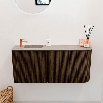 Mondiaz JOYA-DLUX 91.6cm toiletmeubel - ronding rechts kleur Walnut - Wastafel FAYE positie Links 1 kraangat kleur Saba.