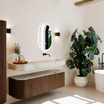 MONDIAZ THOR-DLUX 150cm meuble de salle de bains arrondi gauche + droite couleur Walnut avec 1 tiroir et 2 portes. Vasque suspendue CLOUD Droite sans trou de robinet couleur Frappe.