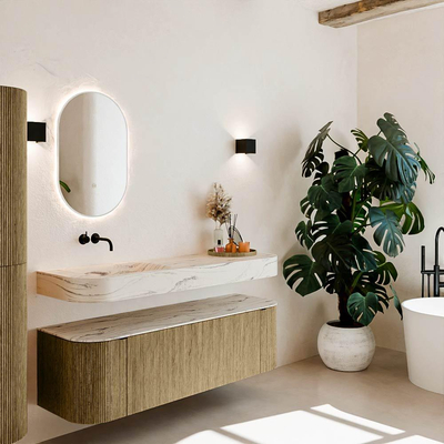 MONDIAZ THOR-DLUX 150cm meuble de salle de bains arrondi gauche + droite couleur Dusk avec 1 tiroir et 2 portes. Vasque suspendue CLOUD gauche sans trou de robinet couleur Nata.