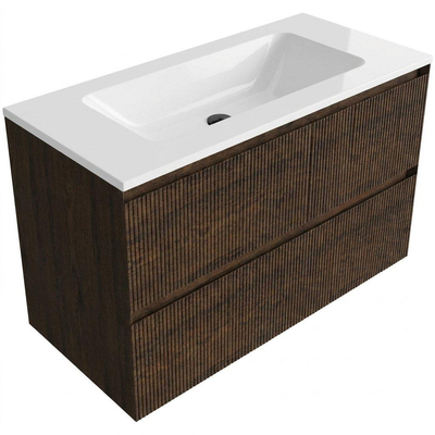 Saniclass Holz Atelier Ensemble meuble de salle de bains - 100x45x77.5cm - lavabo Torino en Solid Surface blanc - sans trou de robinet - 2 tiroirs - chêne charcoal mat (bois)