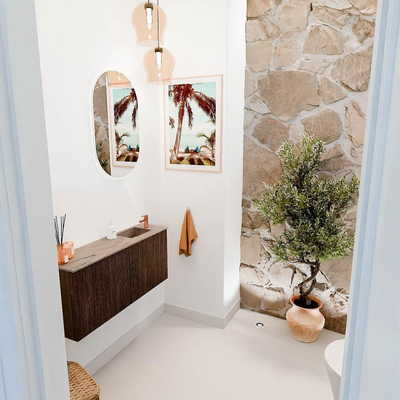 Mondiaz JOYA-DLUX 90cm meuble de salle de bains - couleur Walnut - Vasque FAYE position Droite 1 trou de robinet couleur Arena.