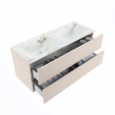 MONDIAZ VICA-DLUX Ensemble meuble de salle de bains - 120cm - meuble sous-vasque linen - 2 tiroirs - vasque encastrée cloud double - sans trous de robinet - version haute 60cm - frape
