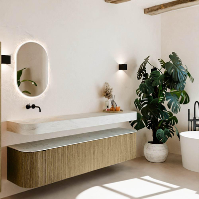 MONDIAZ THOR-DLUX 200cm meuble de salle de bains arrondi gauche + droite couleur Dusk avec 2 tiroirs et 2 portes. Vasque suspendue CLOUD Gauche sans trou de robinet couleur Opalo.