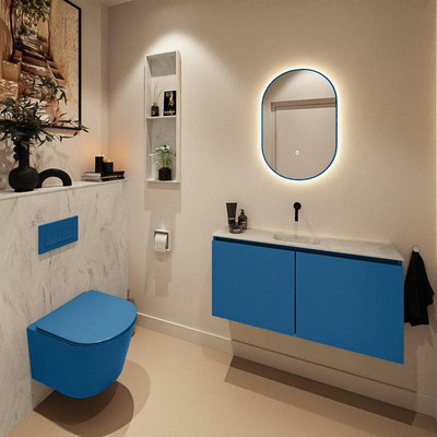 MONDIAZ TURE-DLUX Meuble toilette - 100cm - Jeans - EDEN - vasque Opalo - position centrale - sans trou de robinet