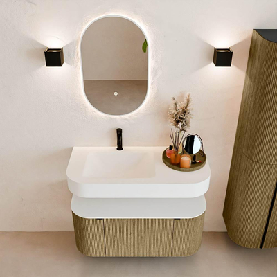 MONDIAZ THOR Meuble de salle de bains 100cm arrondi gauche + droite couleur Dusk avec 1 tiroir et 2 portes. Vasque suspendue CLOUD Gauche 1 trou de robinet couleur Talc.