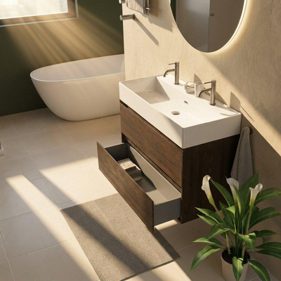 Saniclass Holz Pure Ensemble de meuble de salle de bains - 100x45x72cm - vasque en céramique Legend blanche - 1 vasque - 2 trous de robinetterie - 2 tiroirs - chêne charcoal mat (bois)