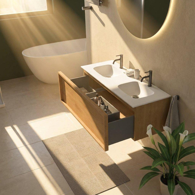 Saniclass Holz Frame Ensemble meuble de salle de bains - 120x45x41.5cm - Flow lavabo en solid surface blanc - 2 vasques - 2 trous de robinetterie - 1 tiroir - chêne natural mat (bois)
