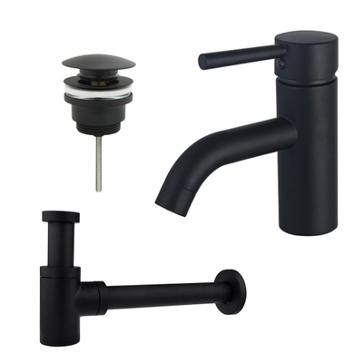 FugaFlow Eccelente Sobrado Kit mitigeur lavabo - robinet bas - bonde clic clac - siphon design bas - Noir mat