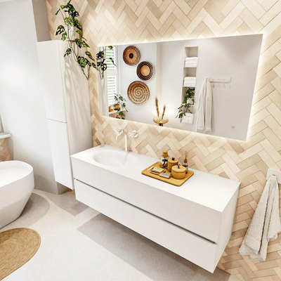 MONDIAZ VICA Meuble de salle de bains 150cm sous-meuble Talc 2 tiroirs. Lavabo MOON gauche 1 trou de robinet, couleur Talc.