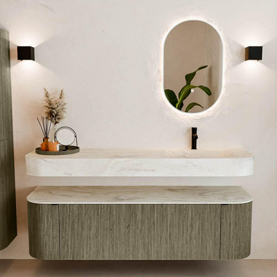 MONDIAZ THOR-DLUX 160cm meuble de salle de bains arrondi gauche + droite couleur Shadow avec 1 tiroir et 2 portes. Vasque suspendue CLOUD Droite 1 trou de robinet couleur Ostra.