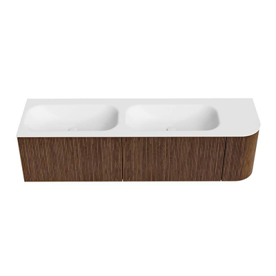 MONDIAZ KURVE 165cm Meuble salle de bain avec module 25 D - couleur Walnut - 2 tiroirs - 1 porte - vasque BIG SMALL double / gauche - sans trous de robinet - Talc