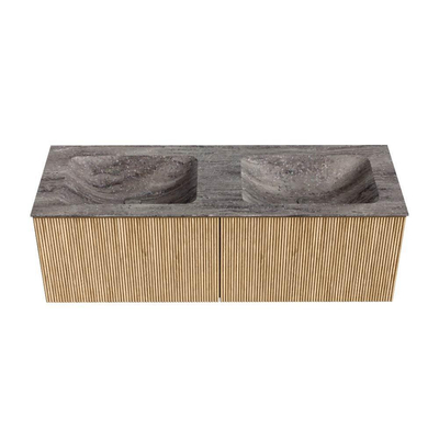 MONDIAZ KURVE-DLUX 130cm badmeubel kleur Oak met 2 lades en 0 deuren. Wastafel LEAF Dubbel 2 kraangaten Oza.