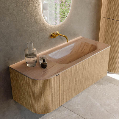 MONDIAZ KURVE-DLUX 115cm badmeubel ronding Links kleur Oak met 1 lade en 1 deur. Wastafel BIG SMALL Rechts zonder kraangat Saba.
