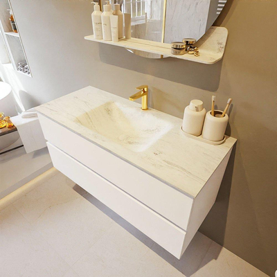 Mondiaz VICA-DLUX ensemble de meuble de salle de bain - 110cm - meuble sous lavabo talc - 2 tiroirs - lavabo encastré cloud milieu - 1 trou de robinet - version haute de 60cm - opalo