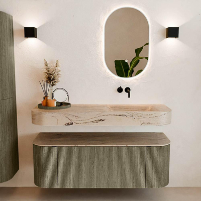 MONDIAZ THOR-DLUX Meuble de salle de bains 130cm arrondi gauche + droite couleur Shadow avec 1 tiroir et 2 portes. Vasque suspendue CLOUD Droite sans trou de robinet couleur Arena.