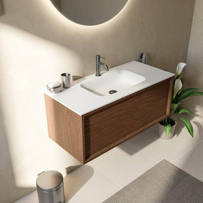 Saniclass Holz Frame Badkamermeubelset - 100x45x41.5cm - Flow solid surface wastafel wit - 1 wasbak - 1 kraangat - 1 lade - mat walnut pure (hout)