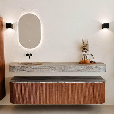 MONDIAZ THOR-DLUX 180cm meuble de salle de bains arrondi gauche + droite couleur Ruby avec 2 tiroirs et 2 portes. Vasque suspendue CLOUD Gauche sans trou de robinet couleur Oza.